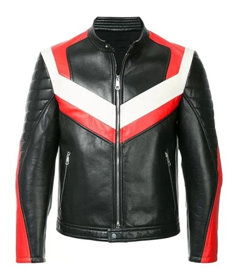 Black Red and White Panelled Biker Jacket-1
