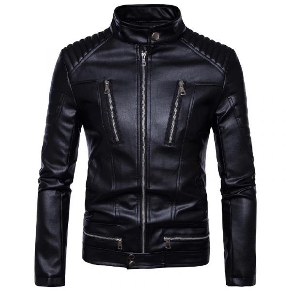 Men’s Padded Slim Fit Biker Leather Jacket – Black-1